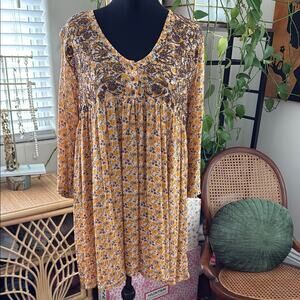 Zara Yellow & Brown Floral Paisley Embroidered Boho Babydoll Mini Dress